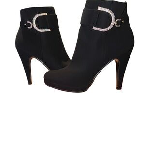 Bella Hanna Black Ankle Booties Rhinestone Buckle Heel Size 7.5 New With Tags